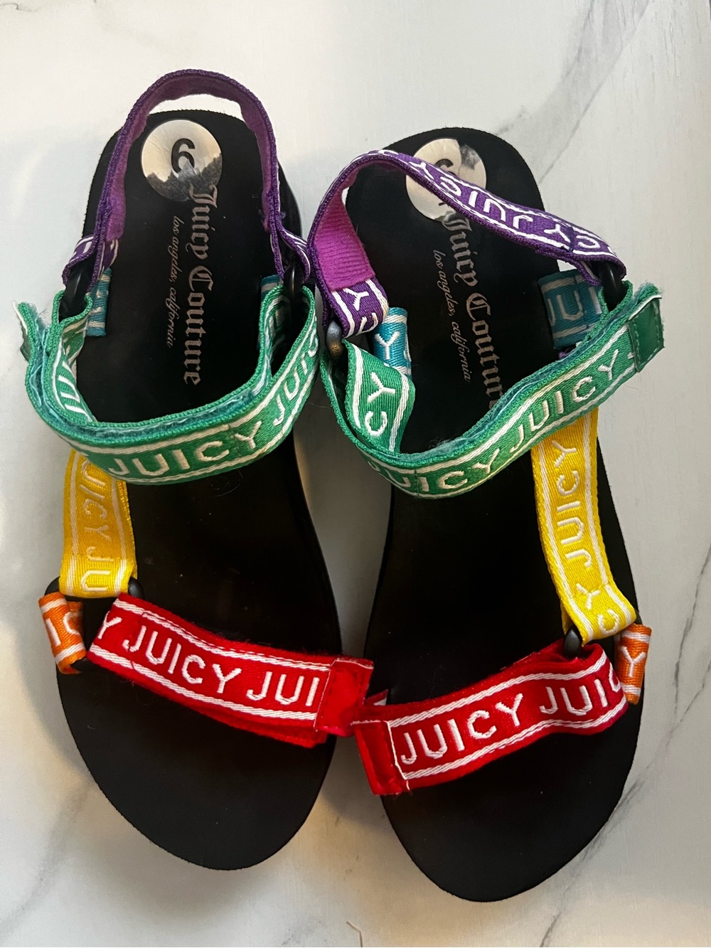 Juicy Couture Rainbow Logo Strap Sport Sandals - Red, Green, Yellow, Purple